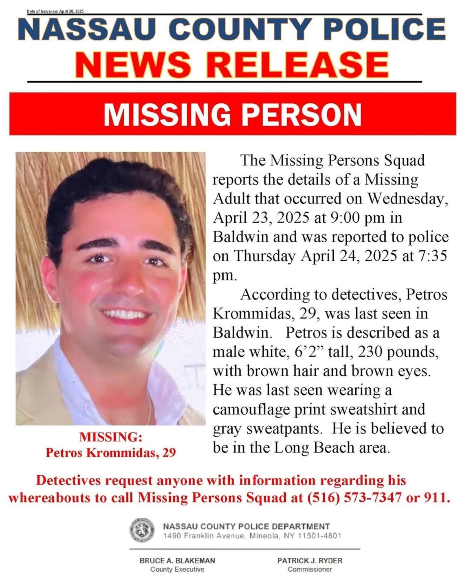 The candidate of the New York County Legislature reported missing for almost a week